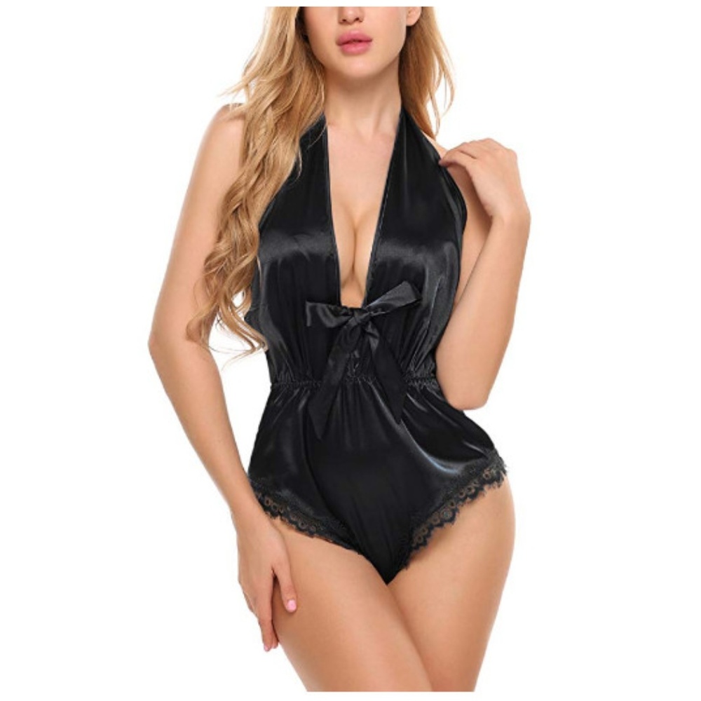 Satin Deep V Halter Teddy One Piece Lingerie